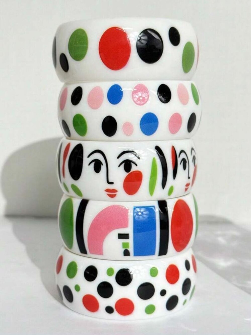 Set of 3 Colorful Resin Bangle Bracelets Abstract Face Polka Dot Geometric
